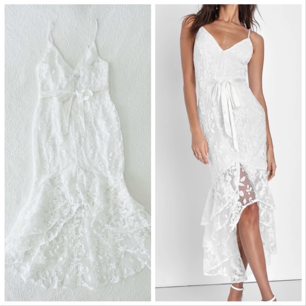 NWOT Lulus Forever Fanciful White Floral Embroidered High-Low Midi Dress Medium